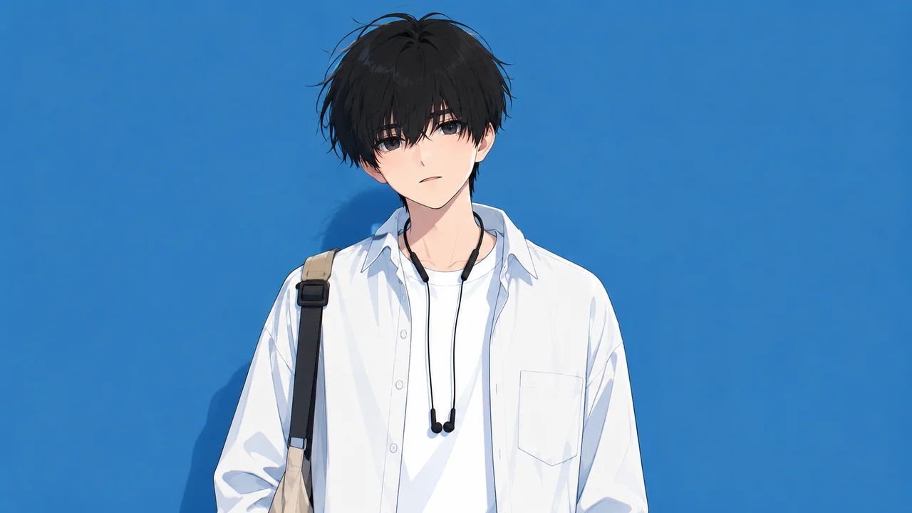 Input image for the OmniHuman 2.0 Anime Boy Presentation on a Blue Background A example